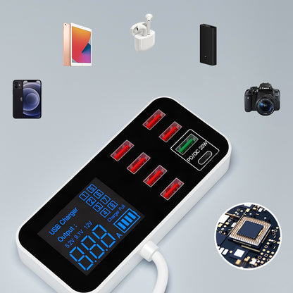 A9D+ Digital Display 7 USB + 1 Type-C Desktop Charger PC+ABS QC3.0 + PD Phone Fast Charging Station (CE Certified)