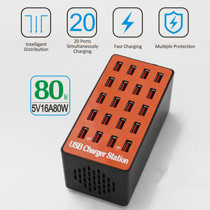 A5 80W 20 USB Ports Desktop Charger PC+ABS Phone Tablet Fast Charging Station (CE Certified)