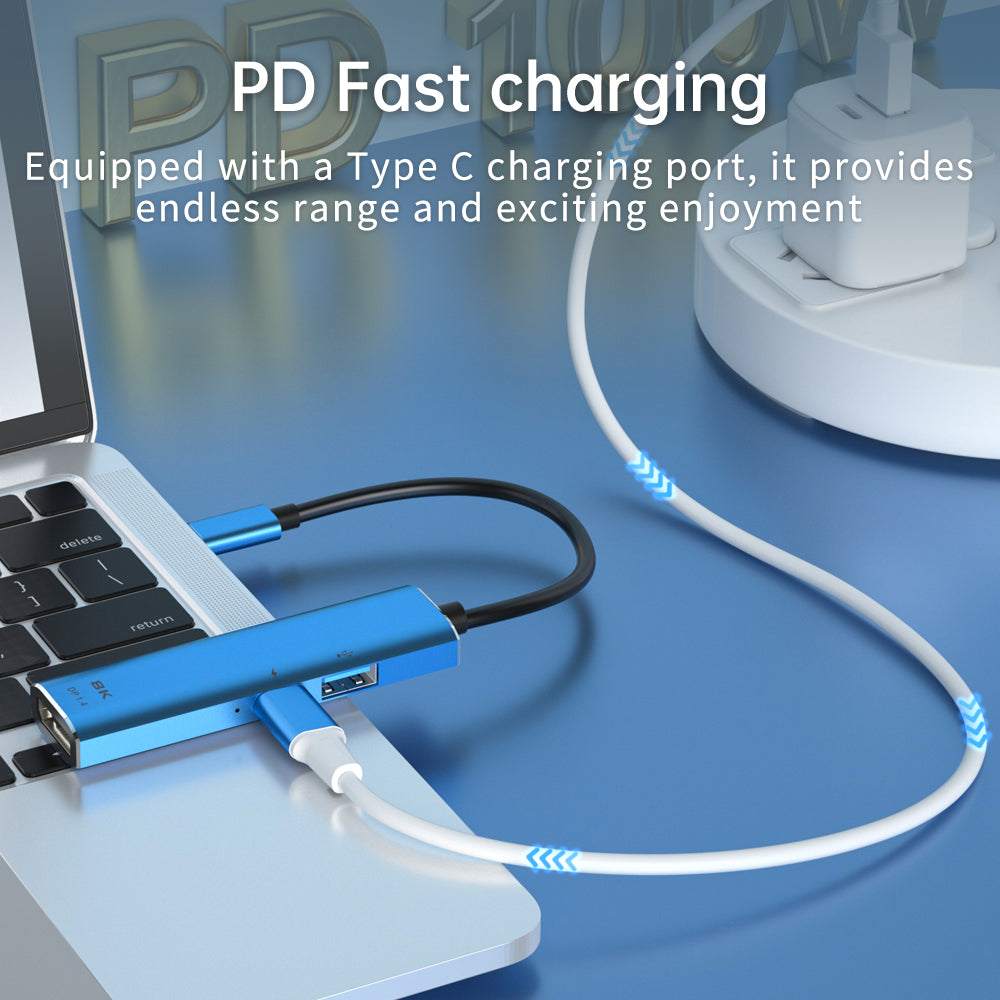 V264B 3-in-1 PD 100W Aluminum Alloy Hub Splitter Type-C Male to PD + USB2.0 + DP1.4 8K Video Adapter