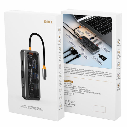 SW10V 10-in-1 Docking Station Type-C to PD+HD+USB3.0+USB2.0*2+SD+TF+RJ45+VGA+3.5mm Audio USB-C Hub Converter