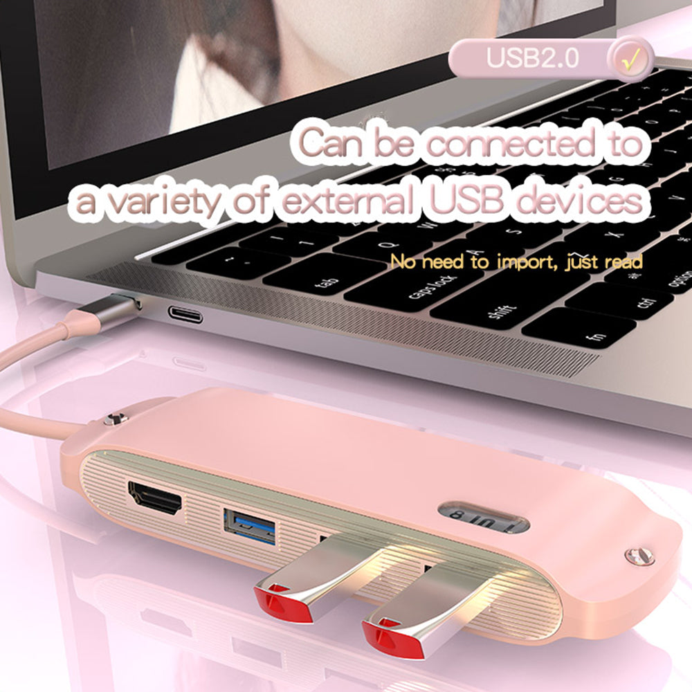 BS8H Type-C Hub Converter to PD+USB 3.0+2xUSB 2.0+HD Video Output Port+2 Card Reader Slots+RJ45