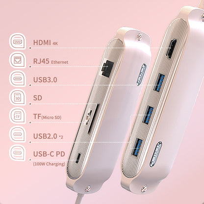 BS8H Type-C Hub Converter to PD+USB 3.0+2xUSB 2.0+HD Video Output Port+2 Card Reader Slots+RJ45