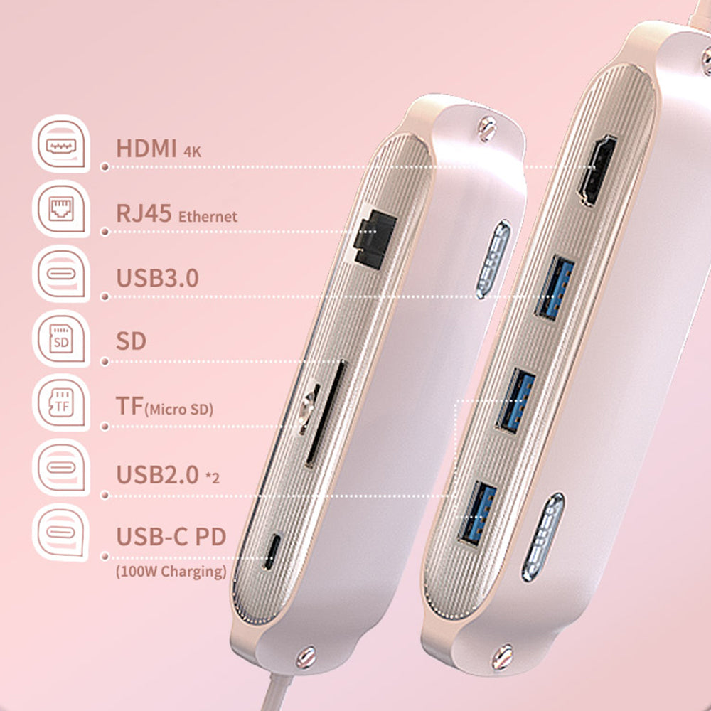 BS8H Type-C Hub Converter to PD+USB 3.0+2xUSB 2.0+HD Video Output Port+2 Card Reader Slots+RJ45