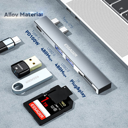 ESSAGER For MacBook Laptop 5-Port Type-C Hub Dock Adapter to PD 100W Fast Charging+2xUSB 2.0+2 Card Reader Slots