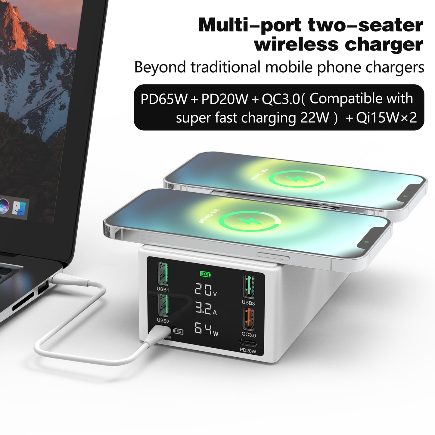 888W Multi-Port USB Phone Charger QC3.0 Fast Charger 15W Wireless Charger PD 65W Charging Station for Laptops