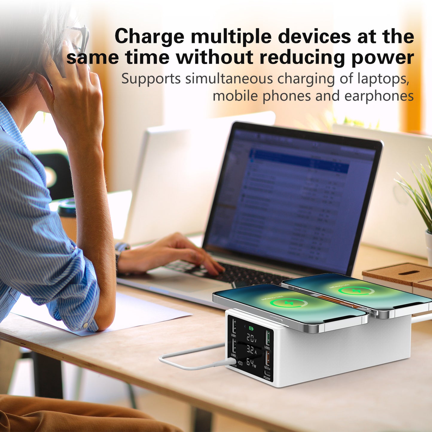 888W Multi-Port USB Phone Charger QC3.0 Fast Charger 15W Wireless Charger PD 65W Charging Station for Laptops