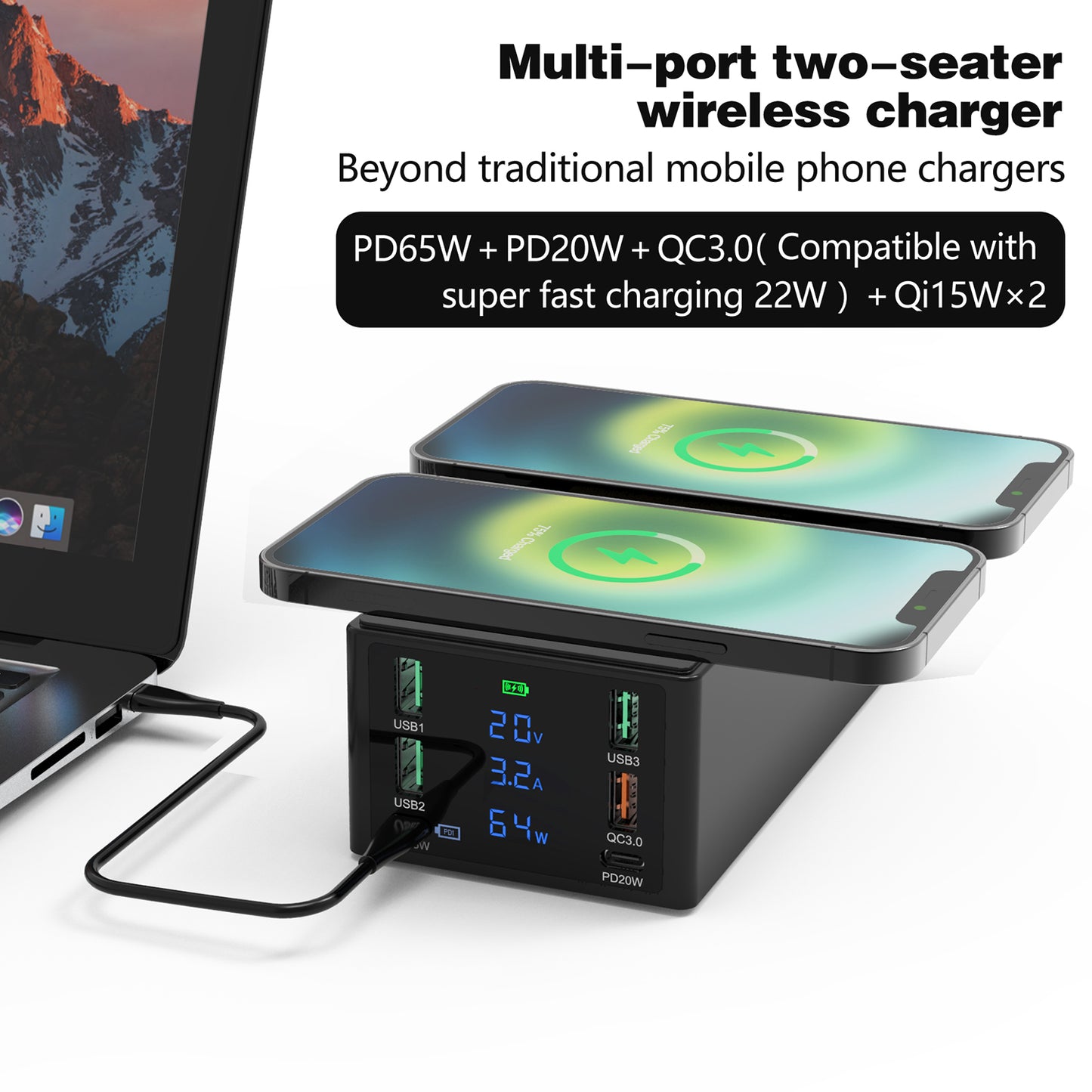 888W Multi-Port USB Phone Charger QC3.0 Fast Charger 15W Wireless Charger PD 65W Charging Station for Laptops