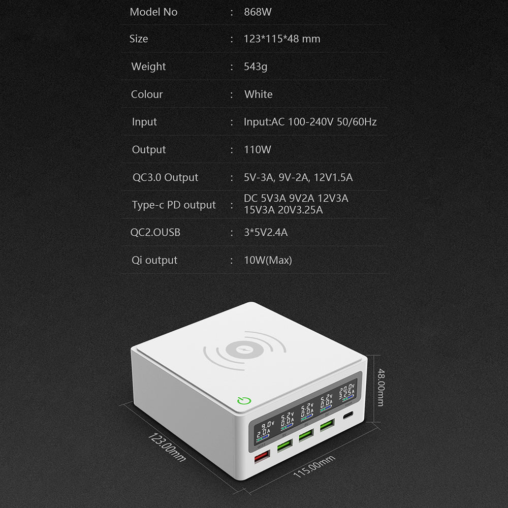 868W Multi-Port USB Wireless Charger PD 65W Laptop Phone Charger QC3.0 Fast Charging Station with Anti-Slip Silicone Mat