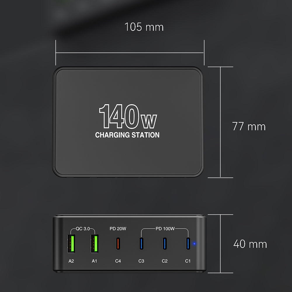 H118 140W Multi-Port Desktop Charger PD Fast Charging Station for Cell Phones, Laptops Charger, 4 Type-C+2 USB-A