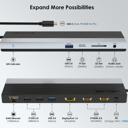 WAVLINK UMD08 12-in-1 USB-C Triple Display Hub Adapter Type-C Docking Station with 4K / 60Hz, DisplayPort, Support 85W Charging