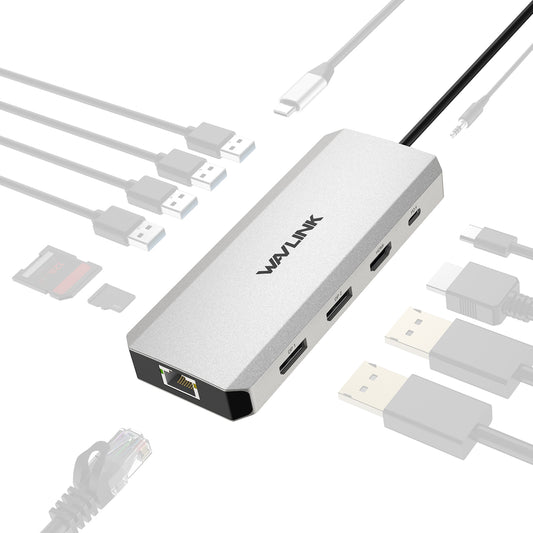 WAVLINK UMD303 Multi-Port 100W PD USB-C Hub Triple Display 12-in-1 Portable Type-C Docking Station for Laptops