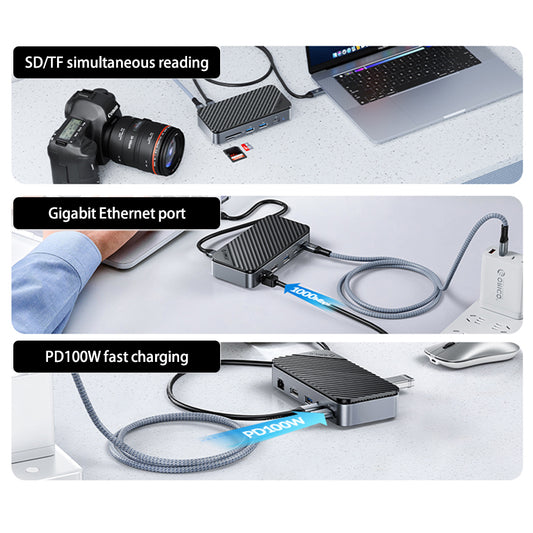 ORICO USB C Hub with M.2 SSD Enclosure 10-in-1 Docking Station 10Gbps USB 3.2 Gen2 M.2 NVMe / SATA SSD Reader