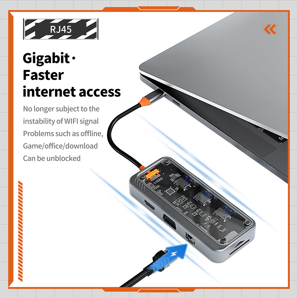 SW6H 10-in-1 Docking Station Dongle Type-C to PD+HD+USB3.0x3+SD+TFRJ45+VGA+3.5mm Audio Hub
