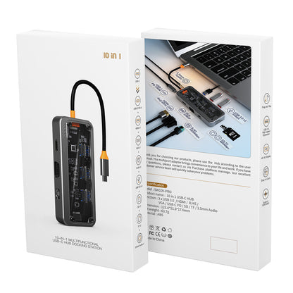 SW6H 10-in-1 Docking Station Dongle Type-C to PD+HD+USB3.0x3+SD+TFRJ45+VGA+3.5mm Audio Hub