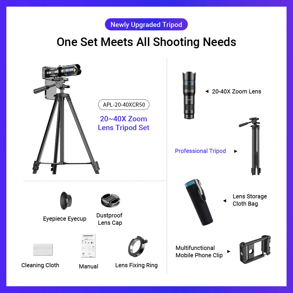APEXEL APL-20-40XCR50 20-40X Zoom Telephoto Lens Tripod Set for Birds Watching, Concert, Multi-Layer Coated HD Phone Monocular