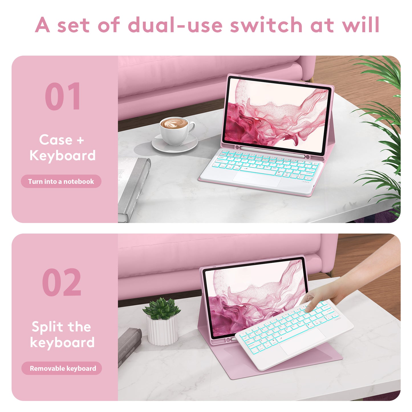 SK-X205D For Samsung Galaxy Tab A8 10.5 (2022) (SM-X200 / X205 / X207) Keyboard Case PU Leather Stand Cover with Backlit Detachable Touchpad Bluetooth Keyboard