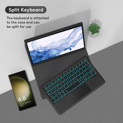 SK-X205D For Samsung Galaxy Tab A8 10.5 (2022) (SM-X200 / X205 / X207) Keyboard Case PU Leather Stand Cover with Backlit Detachable Touchpad Bluetooth Keyboard
