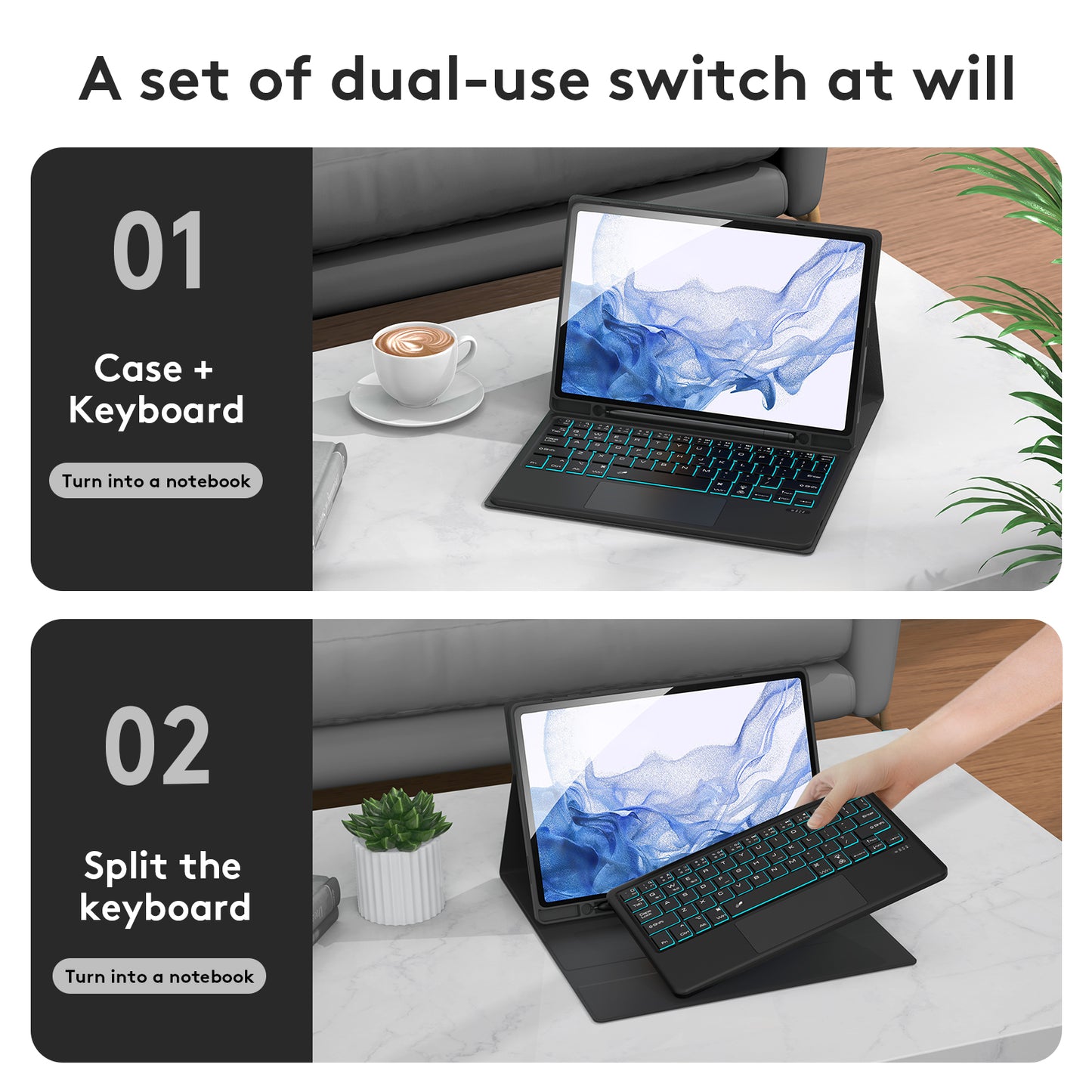SK-X205D For Samsung Galaxy Tab A8 10.5 (2022) (SM-X200 / X205 / X207) Keyboard Case PU Leather Stand Cover with Backlit Detachable Touchpad Bluetooth Keyboard