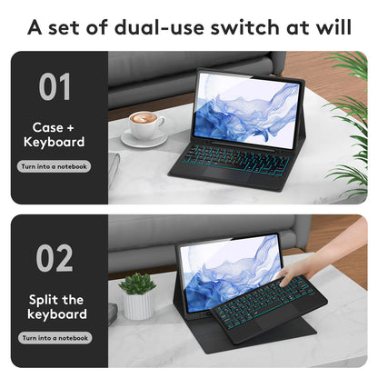 SK-X205D For Samsung Galaxy Tab A8 10.5 (2022) (SM-X200 / X205 / X207) Keyboard Case PU Leather Stand Cover with Backlit Detachable Touchpad Bluetooth Keyboard