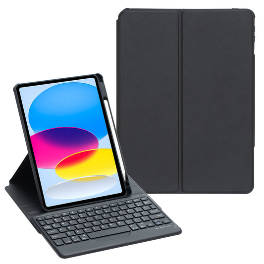 F10B Tablet Case for iPad 10.9 (2022) PU Leather Clear Acrylic Rotating Stand Cover + Wireless Bluetooth Keyboard with Pencil Holder