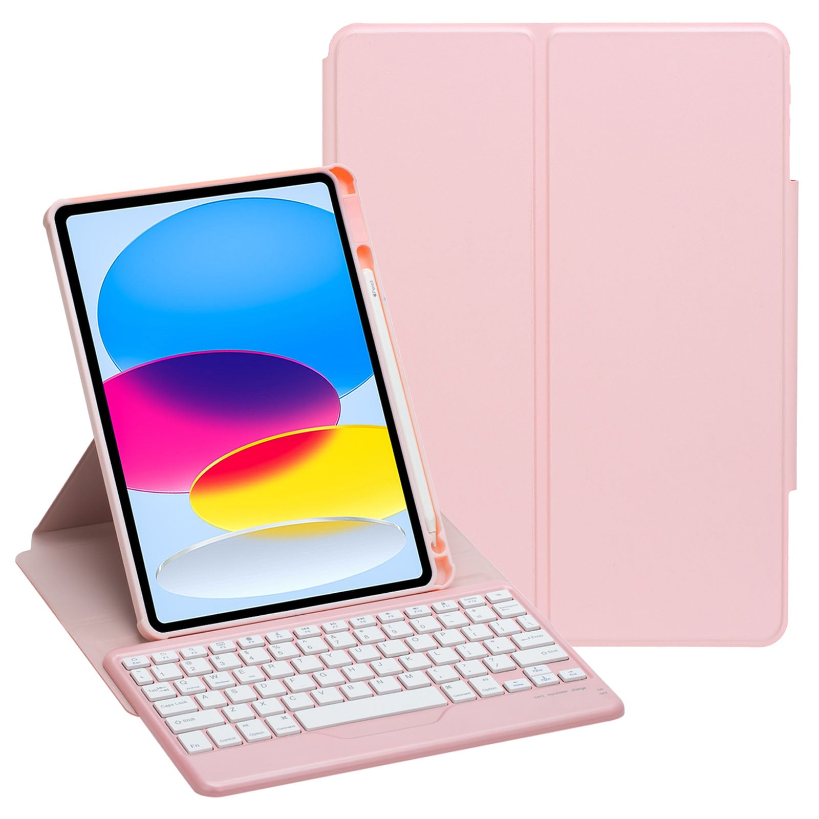 F10B Tablet Case for iPad 10.9 (2022) PU Leather Clear Acrylic Rotating Stand Cover + Wireless Bluetooth Keyboard with Pencil Holder