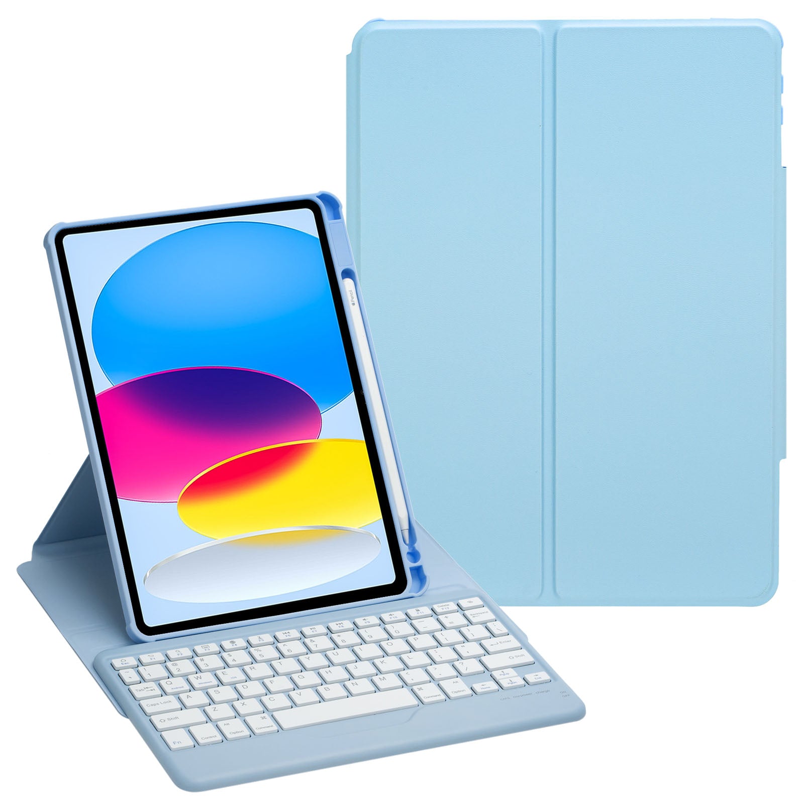 F10B Tablet Case for iPad 10.9 (2022) PU Leather Clear Acrylic Rotating Stand Cover + Wireless Bluetooth Keyboard with Pencil Holder