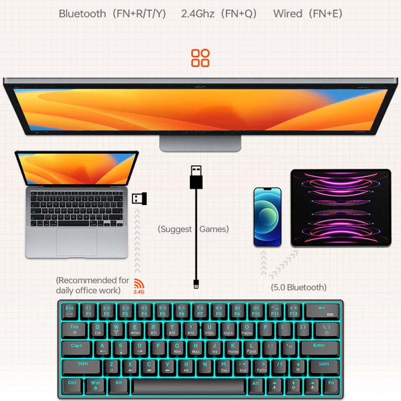 T-WOLF T30 Mechanical Keyboard Wired + Wireless + Bluetooth 3-Mode RGB Gaming Keyboard 63 Keys