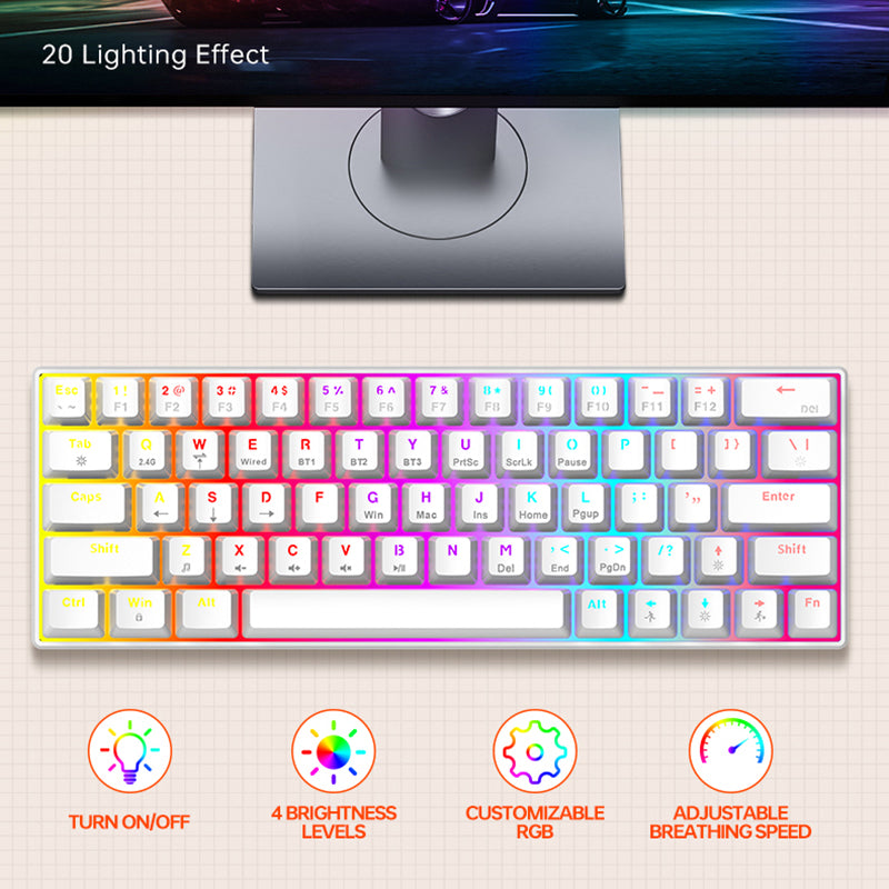 T-WOLF T30 Mechanical Keyboard Wired + Wireless + Bluetooth 3-Mode RGB Gaming Keyboard 63 Keys
