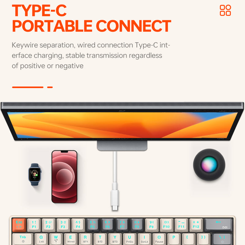 T-WOLF T30 Mechanical Keyboard Wired + Wireless + Bluetooth 3-Mode RGB Gaming Keyboard 63 Keys