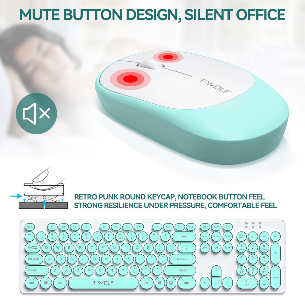 T-WOLF TF770 Wireless Keyboard and Mouse Combo 104 Key Low-Noise Keyboard with Cute Keycaps