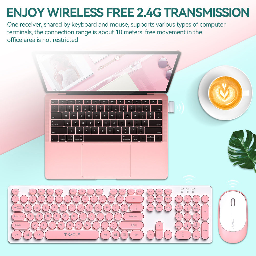 T-WOLF TF770 Wireless Keyboard and Mouse Combo 104 Key Low-Noise Keyboard with Cute Keycaps