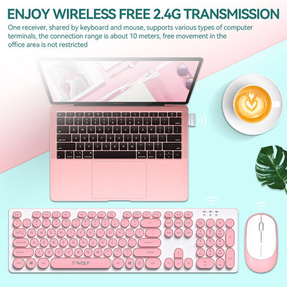 T-WOLF TF770 Wireless Keyboard and Mouse Combo 104 Key Low-Noise Keyboard with Cute Keycaps