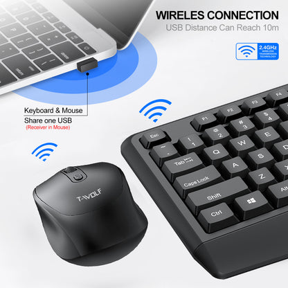 T-WOLF TF100 Wireless Gaming Keyboard Mouse Combo 104 Keys Quiet Keyboard for Computer, PC, Laptop
