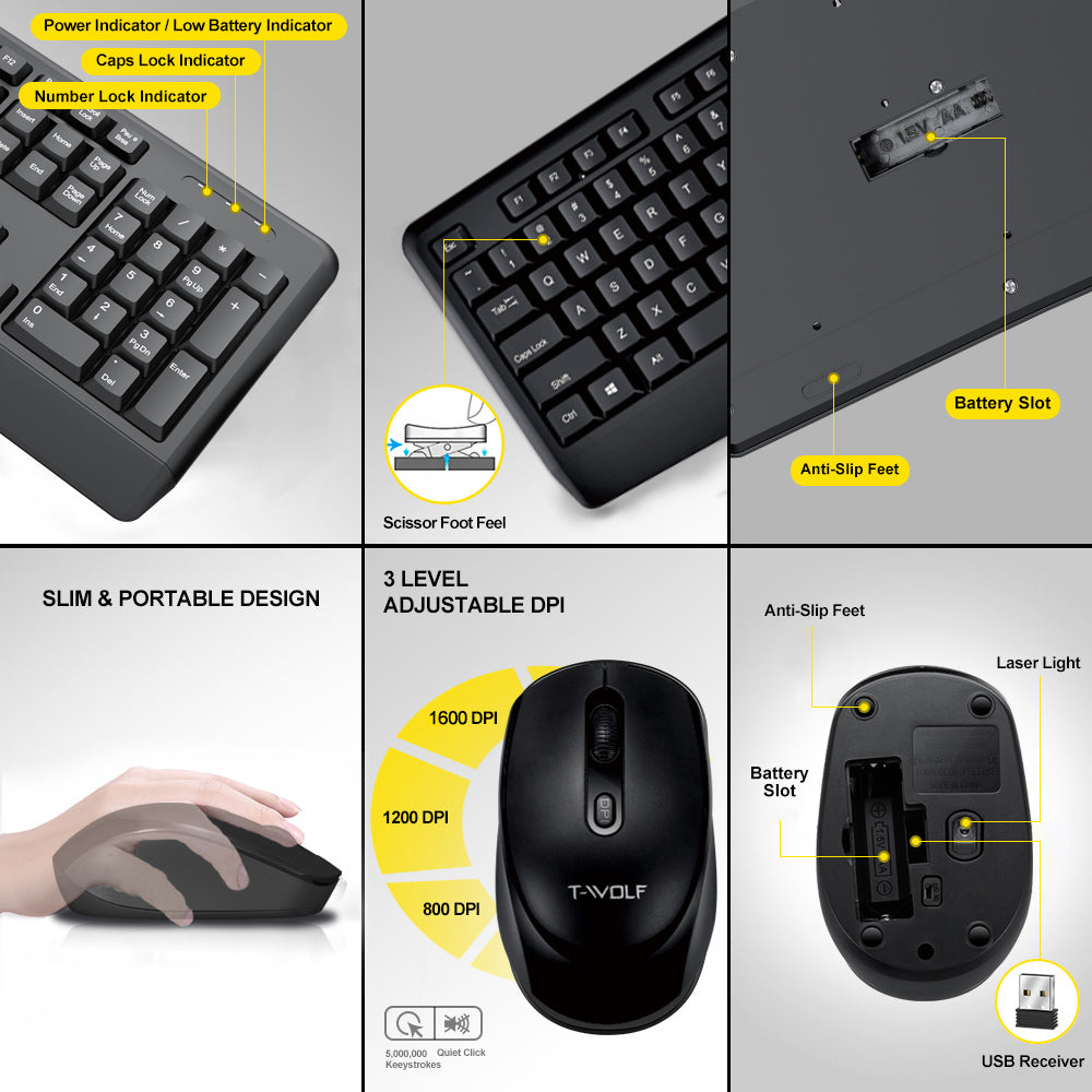 T-WOLF TF100 Wireless Gaming Keyboard Mouse Combo 104 Keys Quiet Keyboard for Computer, PC, Laptop