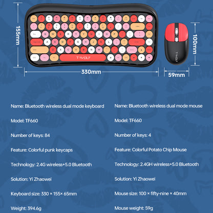 T-WOLF TF660 Bluetooth5.0 / 2.4G Dual Mode Wireless Keyboard Mouse Set Round Keycap Keyboard