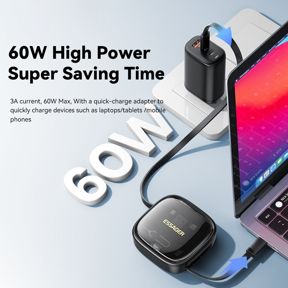 ESSAGER Integrated USB-C Adapter Cable Kit Charging Cable Case Convertor Contains Card Slot Phone Holder Design for Traveling
