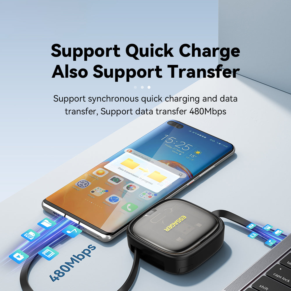 ESSAGER Integrated USB-C Adapter Cable Kit Charging Cable Case Convertor Contains Card Slot Phone Holder Design for Traveling