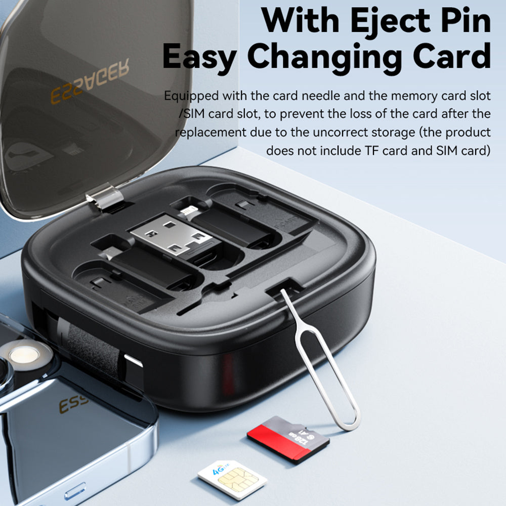 ESSAGER Integrated USB-C Adapter Cable Kit Charging Cable Case Convertor Contains Card Slot Phone Holder Design for Traveling