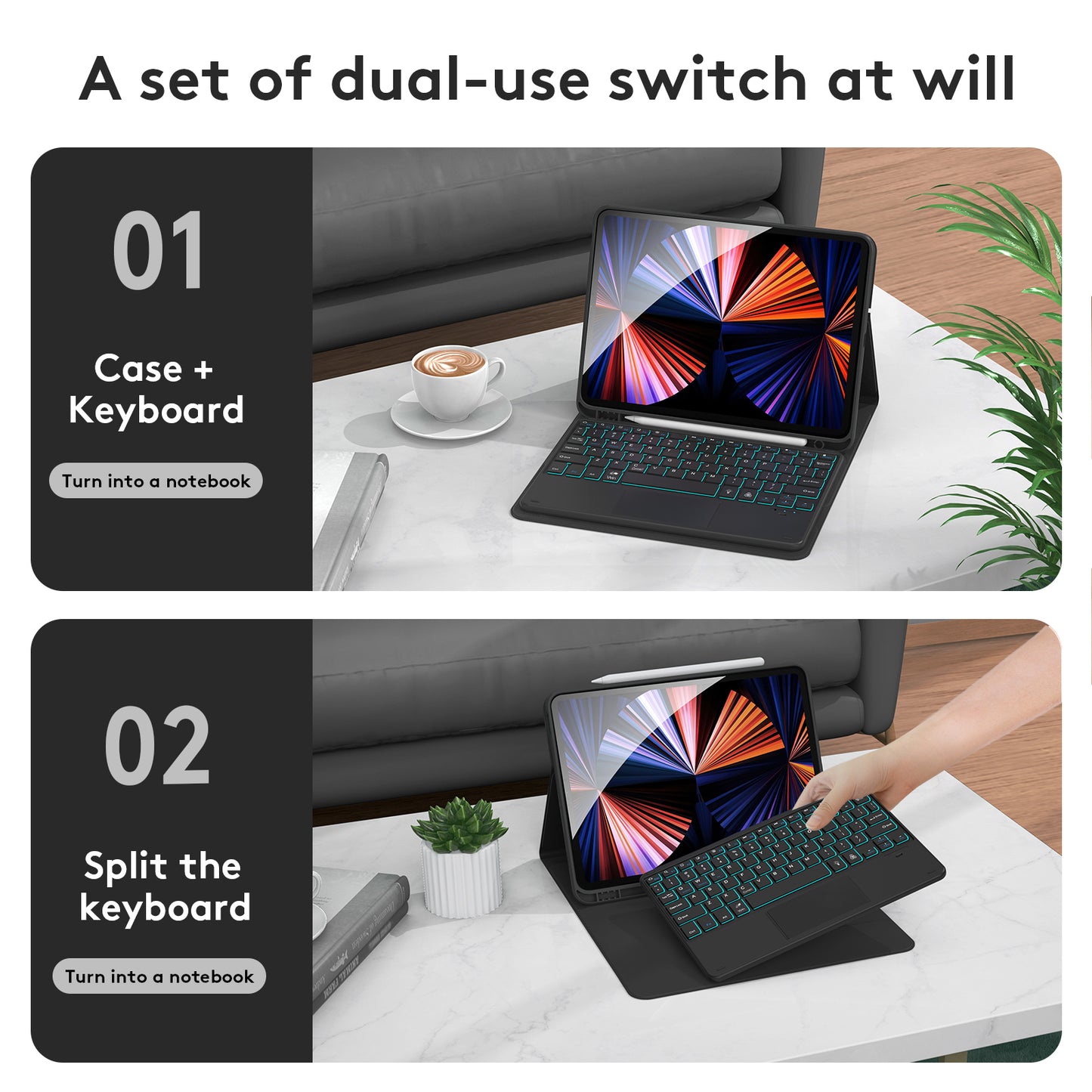 TP-1109 For iPad Air (2020) / (2022) / iPad Pro 11 (2018) / (2020) / (2021) / (2022) Backlit Touchpad Bluetooth Keyboard with Pen Slot PU+PC Tablet Case