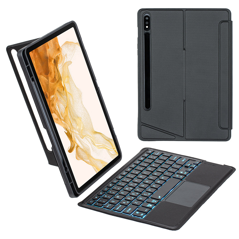 T870B-AS for Samsung Galaxy Tab S7 T870 T875  /  S8 X700 X706 2 in 1 Bluetooth Keyboard Tablet Stand Case with Pen Slot  /  Touchpad  /  Backlight
