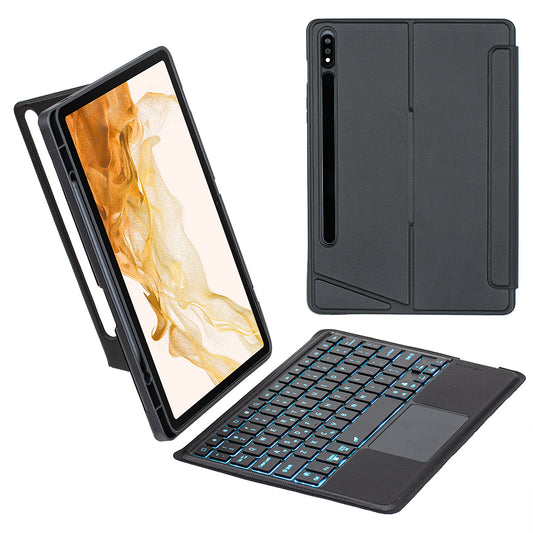 T870B-AS for Samsung Galaxy Tab S7 T870 T875  /  S8 X700 X706 2 in 1 Bluetooth Keyboard Tablet Stand Case with Pen Slot  /  Touchpad  /  Backlight