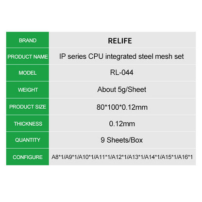 RELIFE RL-044 9Pcs IP Series CPU Integrated Steel Mesh Set A8-A16 CPU Tin Planting Kit