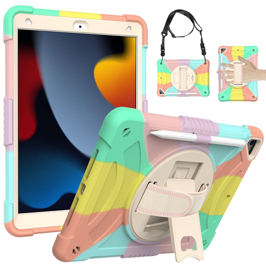 For iPad 10.2 (2021)  /  (2019)  /  (2020)  /  Air 10.5 inch (2019) Shockproof Case Rotating Kickstand Silicone+PC Tablet Cover with Shoulder Strap