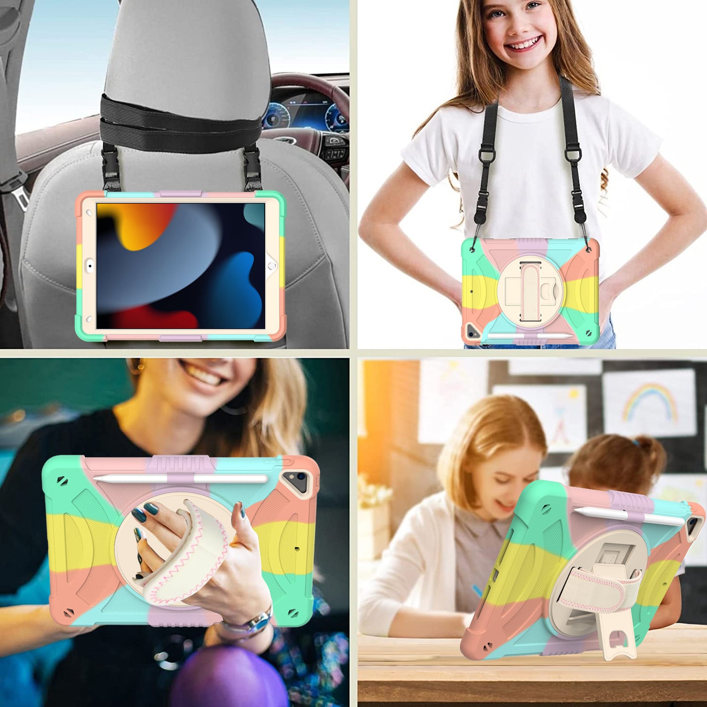 For iPad 10.2 (2021)  /  (2019)  /  (2020)  /  Air 10.5 inch (2019) Shockproof Case Rotating Kickstand Silicone+PC Tablet Cover with Shoulder Strap