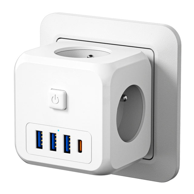 ESSAGER 7-in-1 EU Plug Wall Socket Extender with 3 AC Outlets 3 USB+1 Type C Adapter
