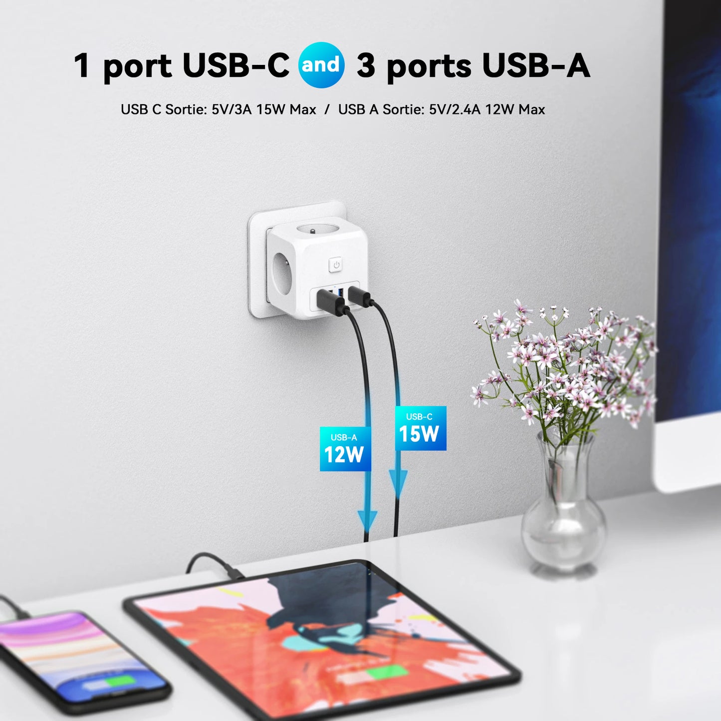 ESSAGER 7-in-1 EU Plug Wall Socket Extender with 3 AC Outlets 3 USB+1 Type C Adapter