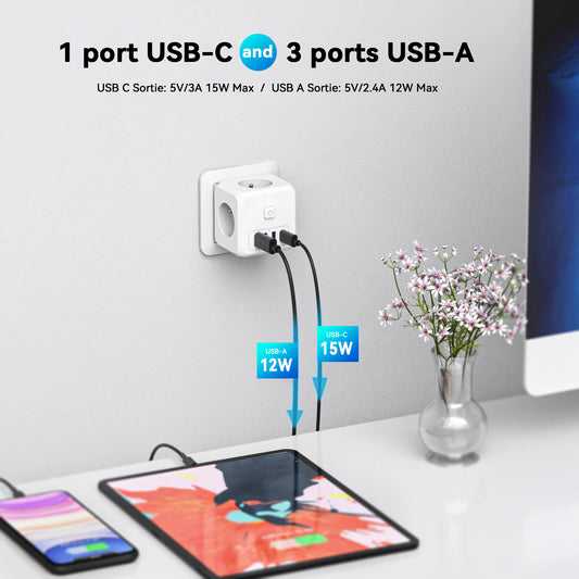 ESSAGER 7-in-1 EU Plug Wall Socket Extender with 3 AC Outlets 3 USB+1 Type C Adapter