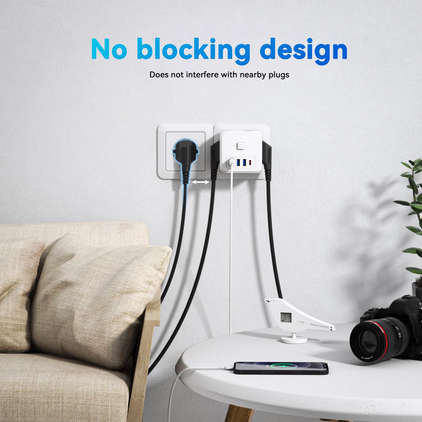 ESSAGER 7-in-1 EU Plug Wall Socket Extender with 3 AC Outlets 3 USB+1 Type C Adapter