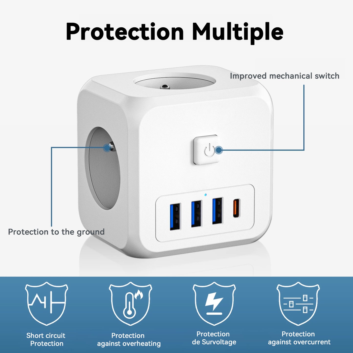 ESSAGER 7-in-1 EU Plug Wall Socket Extender with 3 AC Outlets 3 USB+1 Type C Adapter