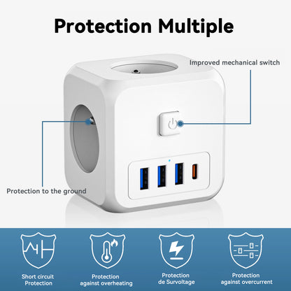 ESSAGER 7-in-1 EU Plug Wall Socket Extender with 3 AC Outlets 3 USB+1 Type C Adapter